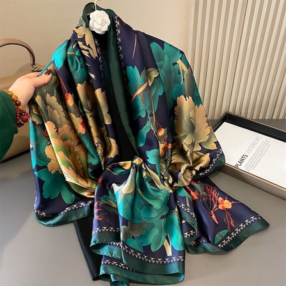 Floral Faux Silk Polyester Scarf Multicolor Floral Spring Shawl Wrap Scarf